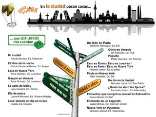 Mi ciudad
Cécile Bonbon. Ed. Edelvives
El libro de la noche
Rotraut Susanne Berner. Ed. Anaya
Lola en Nueva York
Anne Gutman. Ed. Juventud
Gaspar en Venecia
Anne Gutman. Ed. Juventud
La calle de Maisy
Lucy Cousins. Ed. Serres
Día de pesca
Laurent Moureau. Ed. Adriana Hidalgo
Lola: tooodo un día en el zoo
Imapla. Ed. Océano
Un león en París
Beatrice Alemagna. Ed. SM
Olivia en Venecia
Ian Falconer. Ed. FCE
Popville
Pablo Guerrero. Ed. Kókinos
Esto es Roma / Esto es Londres /
Esto es París / Esto es Nueva York
Miroslav Sasek. Ed. El patito
Paula en Nueva York
Mikel Valverde. Ed. SM
Un día en la ciudad
Nicholas Harris. Ed. San Pablo
¿Quién ha visto las tijeras?
Fernando Krahn. Ed. Kalandraka
El hombre que compró la ciudad de Estocolmo
Gianni Rodari. Ed SM
El mundo en un segundo.
Isabel Minhos. Ed. Intermón Oxfam
Nueva York en Pyjarama
Michael Leblond. Ed. Kalandraka
En la ciudad pasan cosas…
… que LOS LIBROS
nos cuentan
es.dreamstime.com
 