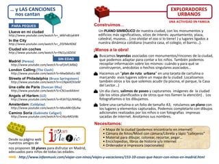 ¡Manos a la obra!
 Buscamos leyendas asociadas con monumentos/rincones de la ciudad,
que podemos adaptar para contar a los niños. También podemos
recopilar información sobre los mismos: cuándo y para qué se
construyeron, anécdotas o hechos singulares asociados…
 Hacemos un “plan de ruta urbana” en una tarjeta de cartulina o
marcando esos lugares sobre un mapa de la ciudad. Localizamos
también otros a los que solemos acudir (la piscina, el parque, la Casa
del Lector…)
 Un día claro, salimos de paseo y capturamos imágenes de la ciudad
(de los sitios planificados y de otros que nos llamen la atención) . Los
fotografiamos o los dibujamos.
 Sobre una cartulina o un folio de tamaño A3, rotulamos un plano con
los lugares y elementos capturados. Podemos completarlo con dibujos
adicionales realizados por los niños o con fotografías impresas
sacadas de internet. Anotamos sus nombres.
Construimos…
Un PLANO SIMBÓLICO de nuestra ciudad, con los monumentos y
edificios más significativos, sitios de interés: ayuntamiento, plaza,
catedral, museos… (¡no olvidar el zoo si lo tiene! ) y lugares ligados a
nuestra dinámica cotidiana (nuestra casa, el colegio, el barrio…).
Necesitamos:
• Mapa de la ciudad (podemos encontrarlo en internet)
• Cámara de fotos/Móvil con cámara/Libreta y lápiz “callejeros”
• Material para dibujar, colorear, recortar, pegar…
• Enciclopedias, libros de historia y/o internet
• Ordenador e impresora (opcionales)
EXPLORADORES
URBANOS
UNA ACTIVIDAD EN FAMILIA
Madrid (Pereza)
http://www.youtube.com/watch?v=aFjInFLMIbQ
London Calling (The Clash)
http://www.youtube.com/watch?v=Mw0dtoEu-N0
Streets of Philadelphia (Bruce Springsteen)
http://www.youtube.com/watch?v=n1NpkXOVJeM
Una calle de París (Duncan Dhu)
http://www.youtube.com/watch?v=CN1oeAAtkmI
Angels of Harlem (U2)
http://www.youtube.com/watch?v=R3ATGjUNMGg
Amsterdam (Coldplay)
http://www.youtube.com/watch?v=MvvMKrDfu9w
Camino Soria (Gabinete Caligari)
http://www.youtube.com/watch?v=CrbLeMGVI8c
… y LAS CANCIONES
nos cantan
PARA PEQUES
Llueve en mi ciudad
http://www.youtube.com/watch?v=_WbFn8UykW4
In the City
http://www.youtube.com/watch?v=_ZiSFMe9DbE
Ciudad sin coches
http://www.youtube.com/watch?v=YNJ1y16DEtE
SIN EDAD
Desde su página web
nuestros amigos de
nos proponen 10 planes para disfrutar en Madrid,
adecuados para niños de todas las edades.
http://www.infanmusic.com/viajar-con-ninos/viajes-y-vacaciones/153-10-cosas-que-hacer-con-ninos-en-madrid.html
 