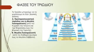 Το Τριώδιο μπορούμε να το
χωρίσουμε σε δύο βασικές
φάσεις:
Α. Προπαρασκευαστική
περίοδος για τη Μεγάλη
Τεσσαρακοστή (από την
Κυριακή του Τελώνη και
του Φαρισαίου έως την
Κυριακή της Τυρινής).
Β. Μεγάλη Τεσσαρακοστή
(από την Καθαρά Δευτέρα
έως το Μεγάλο Σάββατο).
ΦΑΣΕΙΣ ΤΟΥ ΤΡΙΩΔΙΟΥ
 