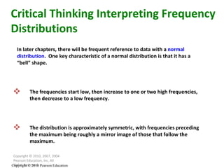 Copyright © 2010, 2007, 2004 Pearson Education, Inc. All Rights Reserved. Copyright © 2010 Pearson Education Critical Thinking Interpreting Frequency Distributions In later chapters, there will be frequent reference to data with a  normal distribution .  One key characteristic of a normal distribution is that it has a “bell” shape. The frequencies start low, then increase to one or two high frequencies, then decrease to a low frequency. The distribution is approximately symmetric, with frequencies preceding the maximum being roughly a mirror image of those that follow the maximum. 