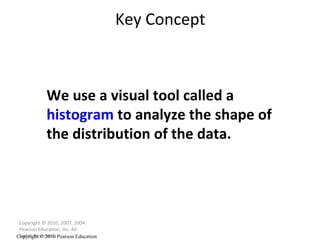 Key Concept Copyright © 2010, 2007, 2004 Pearson Education, Inc. All Rights Reserved. Copyright © 2010 Pearson Education We use a visual tool called a  histogram  to analyze the shape of the distribution of the data. 