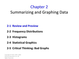 Chapter 2 Summarizing and Graphing Data Copyright © 2010, 2007, 2004 Pearson Education, Inc. All Rights Reserved. 2-1  Review and Preview 2-2  Frequency Distributions 2-3  Histograms 2-4  Statistical Graphics 2-5  Critical Thinking: Bad Graphs 
