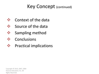 Context of the data Source of the data Sampling method Conclusions Practical implications Key Concept  (continued) Copyright © 2010, 2007, 2004 Pearson Education, Inc. All Rights Reserved. 