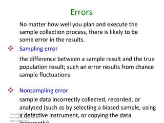 Sampling error the difference between a sample result and the true population result; such an error results from chance sample fluctuations Nonsampling error  sample data incorrectly collected, recorded, or analyzed (such as by selecting a biased sample, using a defective instrument, or copying the data incorrectly) Copyright © 2010, 2007, 2004 Pearson Education, Inc. All Rights Reserved. Errors No matter how well you plan and execute the sample collection process, there is likely to be some error in the results. 