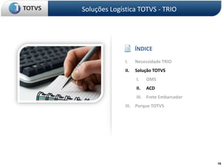 Soluções Logística TOTVS - TRIOÍNDICENecessidade TRIOSolução TOTVSOMSACDFrete EmbarcadorPorque TOTVS19