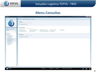 Negociação FreteIntegraçõesNota Fiscal ouEmbarqueTabela de frete eSimulação de freteFaturamentoNota Fiscal e Romaneio_CargaExpedição de CargaContabilidadeOcorrênciasTransporteObr. FiscaisOcorrência TransporteCaixa e BancosContrato comTerceirosControlede FreteComunicaçãoParceiro(EDI)Cta.PagarRecebimentoConhecimento/NFS freteOcorrência EntregaFatura Soluções Logística TOTVS - TRIOMelhorias no Fluxo – Frete EmbarcadorBIControle de PátioTransportador,Operador Logístico