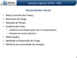 Soluções Logística TOTVS - TRIONecessidades AtuaisMaior Controle dos Fretes;Romaneio de Carga;Redução do TempoAuditoria de Frete;Conferencia da Negociação com a TransportadoraRedução de custos logísticosRoteirização;Agilidade na Separação de Carga;Melhoria da acuracidade de estoque;5
