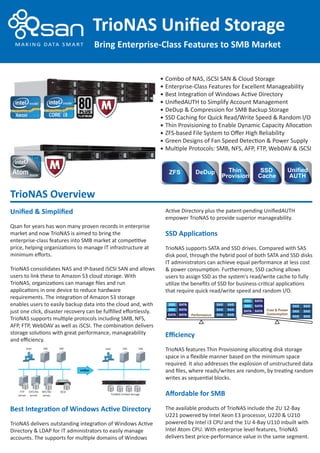 TrioNAS Uniﬁed Storage
Bring Enterprise-Class Features to SMB Market
Combo of NAS, iSCSI SAN & Cloud Storage
Enterprise-Class Features for Excellent Manageability
Best Integration of Windows Active Directory
UniﬁedAUTH to Simplify Account Management
DeDup & Compression for SMB Backup Storage
SSD Caching for Quick Read/Write Speed & Random I/O
Thin Provisioning to Enable Dynamic Capacity Allocation
ZFS-based File System to Oﬀer High Reliability
Green Designs of Fan Speed Detection & Power Supply
Multiple Protocols: SMB, NFS, AFP, FTP, WebDAV & iSCSI
ZFS
AUTH
UnifiedDeDup Thin
Provision
SSD
Cache
TrioNAS Overview
Uniﬁed & Simpliﬁed
Qsan for years has won many proven records in enterprise
market and now TrioNAS is aimed to bring the
enterprise-class features into SMB market at competitive
price, helping organizations to manage IT infrastructure at
minimum eﬀorts.
TrioNAS consolidates NAS and IP-based iSCSI SAN and allows
users to link these to Amazon S3 cloud storage. With
TrioNAS, organizations can manage ﬁles and run
applications in one device to reduce hardware
requirements. The integration of Amazon S3 storage
enables users to easily backup data into the cloud and, with
just one click, disaster recovery can be fulﬁlled eﬀortlessly.
TrioNAS supports multiple protocols including SMB, NFS,
AFP, FTP, WebDAV as well as iSCSI. The combination delivers
storage solutions with great performance, manageability
and eﬃciency.
Best Integration of Windows Active Directory
TrioNAS delivers outstanding integration of Windows Active
Directory & LDAP for IT administrators to easily manage
accounts. The supports for multiple domains of Windows
Active Directory plus the patent-pending UniﬁedAUTH
empower TrioNAS to provide superior manageability.
SSD Applications
TrioNAS supports SATA and SSD drives. Compared with SAS
disk pool, through the hybrid pool of both SATA and SSD disks
IT administrators can achieve equal performance at less cost
& power consumption. Furthermore, SSD caching allows
users to assign SSD as the system's read/write cache to fully
utilize the beneﬁts of SSD for business-critical applications
that require quick read/write speed and random I/O.
Eﬃciency
TrioNAS features Thin Provisioning allocating disk storage
space in a ﬂexible manner based on the minimum space
required. It also addresses the explosion of unstructured data
and ﬁles, where reads/writes are random, by treating random
writes as sequential blocks.
Aﬀordable for SMB
The available products of TrioNAS include the 2U 12-Bay
U221 powered by Intel Xeon E3 processor, U220 & U210
powered by Intel i3 CPU and the 1U 4-Bay U110 inbuilt with
Intel Atom CPU. With enterprise level features, TrioNAS
delivers best price-performance value in the same segment.
SSD
SSD
SATA
SATA
SATA
SATA
SAS
SAS
SAS
SAS
SAS
SAS
Cost & Power
Consumption
SSD
SSD
SATA
SATA
SATA
SATA
SAS
SAS
SAS
SAS
SAS
SASPerformance
User VM VM
CIFS ﬁle
server
NFS ﬁle
server
iSCSIFTP
server
Uniﬁed
User VM VM
TrioNAS Uniﬁed Storage
 