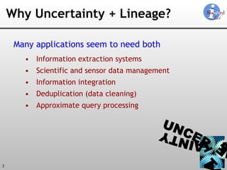 Why Uncertainty + Lineage? Many applications seem to need both Information extraction systems Scientific and sensor data management Information integration Deduplication (data cleaning) Approximate query processing 