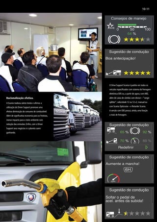 Racionalização efetiva.
A Scania realizou vários testes e afirma: a
utilização do Driver Support promove uma
efetiva diminuição do consumo de combustível.
Além de significativa economia para os frotistas,
menor impacto para o meio ambiente com
redução das emissões. Enfim, com o Driver
Support seus negócios e o planeta saem
ganhando.
10-11
O Drive Support Scania é padrão em todos os
veículos especificados com sistema de frenagem
eletrônica EBS ou, a partir de agora, comABS,
além de caixa de câmbio com divisor – “range-
splitter”, velocidade 12 ou 12+2, manual ou
com Scania Opticruise – e Retarder Scania.
A versão com EBS possui, ainda, uma função
a mais de frenagem.
 