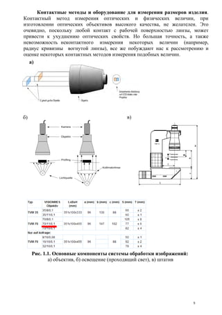 Контактные методы и оборудование для измерения размеров изделия.
Контактный метод измерения оптических и физических величин, при
изготовлении оптических объективов высокого качества, не желателен. Это
очевидно, поскольку любой контакт с рабочей поверхностью линзы, может
привести к ухудшению оптических свойств. Но большая точность, а также
невозможность неконтактного измерения некоторых величин (например,
радиус кривизны вогнутой линзы), все же побуждают нас к рассмотрению и
оценке некоторых контактных методов измерения подобных величин.
а)
б) в)
Рис. 1.1. Основные компоненты системы обработки изображений:
а) объектив, б) освещение (проходящий свет), в) штатив
5
 