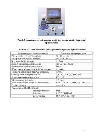 Рис. 1.2. Автоматический контактный трехшариковый сферометр
Spherotronic
Таблица 1.1. Технические характеристики прибора Spherocompact
Наименование характеристики Значение характеристики
Измерение выпуклого радиуса от +2,5мм до ∞
Измерение вогнутого радиуса от - 4мм до ∞
Ход линейного датчика ± 15мм
Диаметр измеряемого изделия от 5мм до 500мм
Разрешение линейного датчика 1мкм
Абсолютная точность линейного датчика ± 1мкм
Точность измерения радиуса кривизны 0,05%
Стандартный набор колец, мм 6; 12,5; 25; 50; 75;100; 125
Дополнительные кольца, мм 150; 225
Сферичность шариков ± 0,1мкм
Диаметр пробных стекол, мм/точность 30/0,1λ; 50/0,1λ;100/0,2λ; 150/0,33λ;
Переключатель мм/дюйм
7-сегментный LCD дисплей:
высота символов 8мм
Interface RS 232/300 Baud
размер и вес 180*70*56 мм, 400г
7
 