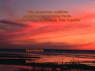Três programas sublimes  se desdobram à nossa frente,  revelando-nos a glória da Vida Superior Amor Humildade Bom ânimo 