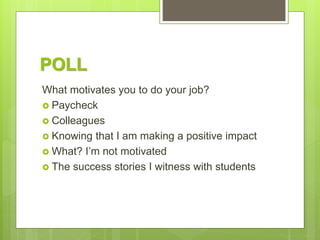 POLL
What motivates you to do your job?
 Paycheck
 Colleagues
 Knowing that I am making a positive impact
 What? I’m not motivated
 The success stories I witness with students
 