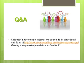 Q&A
• Slidedeck & recording of webinar will be sent to all participants
and listed at http://www.smarterservices.com/resources/webinars/
• Closing survey – We appreciate your feedback!
 