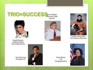 TRIO=SUCCESS
John Quinones
Primetime TV
Franklin Chang Díaz,
first Hispanic Astronaut
Kevin Shibilski,
Wisconsin State
Senator
Angela Bassett,
Academy Award
Nominated Actress
Gwen Moore,
US
Congresswoman
 