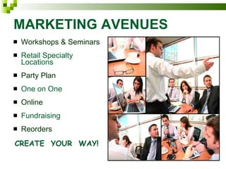MARKETING AVENUES Workshops & Seminars Retail Specialty Locations Party Plan One on One Online Fundraising Reorders CREATE  YOUR  WAY! 
