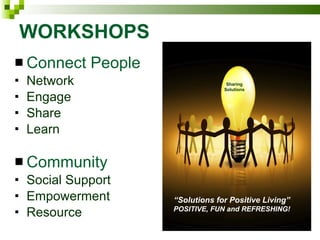 WORKSHOPS Connect People Network Engage Share  Learn Community  Social Support Empowerment Resource Sharing Solutions “ Solutions for Positive Living” POSITIVE, FUN and REFRESHING! 