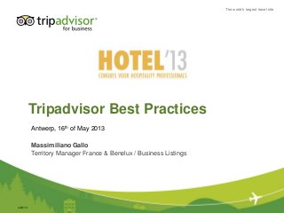 The world’s largest travel siteThe world’s largest travel site
Tripadvisor Best Practices
Massimiliano Gallo
Territory Manager France & Benelux / Business Listings
Antwerp, 16th of May 2013
4/29/13
 