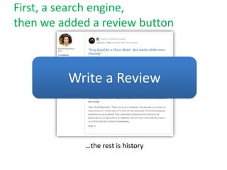 First, a search engine,
then we added a review button
…the rest is history
Write a Review
 