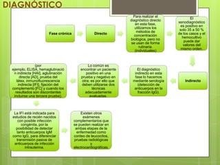 DIAGNÓSTICO
                                                                      Para realizar el
                                                                                                  El
                                                                    diagnóstico directo
                                                                                          xenodiagnóstico
                                                                       en esta fase,
                                                                                            es positivo en
                                                                       utilizamos los
                                                                                           solo 35 a 50 %
                                                                        métodos de
                        Fase crónica               Directo                                de los casos y el
                                                                      concentración
                                                                                             hemocultivo
                                                                    biológica, pero no
                                                                                              puede dar
                                                                     se usan de forma
                                                                                             valores del
                                                                          rutinaria.
                                                                                            mismo orden.
                                                                       (individuales)



                 (por                           Lo común es
 ejemplo, ELISA, hemaglutinació            encontrar un paciente        El diagnóstico
  n indirecta [HAI], aglutinación              positivo en una        indirecto en esta
      directa [AD], prueba del             prueba y negativo en       fase lo hacemos
    látex, inmunofluorescencia              otra; es por ello que    mediante serología       Indirecto
     indirecta [IFI], fijación del          deben utilizarse dos        (detección de
 complemento [FC] y cuando los                     técnicas           anticuerpos en la
   resultados son discordantes                adecuadamente             fracción IgG).
  incluirse una tercera prueba).                 evaluadas.



  La IFI está indicada para                Existen otros
 estudios de recién nacidos                  exámenes
    con posible infección              complementarios que
      congénita, por la                se pueden realizar en
   posibilidad de detectar              ambas etapas de la
   tanto anticuerpos IgM                 enfermedad como
 como IgG, para diferenciar            conteo de leucocitos,
   transmisión pasiva de               pruebas radiológicas
  anticuerpos de infección                       y
         intrauterina.                 electrocardiográficas.
 