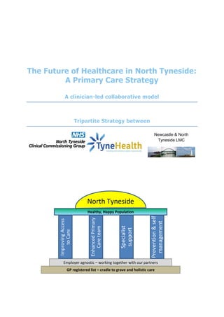 The Future of Healthcare in North Tyneside:
A Primary Care Strategy
A clinician-led collaborative model
Tripartite Strategy between
Newcastle & North
Tyneside LMC
GP registered list – cradle to grave and holistic care
Employer agnostic – working together with our partners
ImprovingAccess
toCare
EnhancedPrimary
Careteam
Specialist
support
Prevention&self
management
Healthy, Happy Population
North Tyneside
 