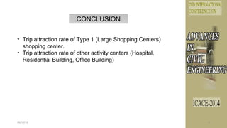 CONCLUSIONCONCLUSION
• Trip attraction rate of Type 1 (Large Shopping Centers)
shopping center.
• Trip attraction rate of other activity centers (Hospital,
Residential Building, Office Building)
08/19/16 9
 