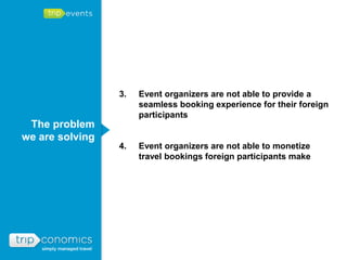 3.   Event organizers are not able to provide a
                      seamless booking experience for their foreign
                      participants
 The problem
we are solving
                 4.   Event organizers are not able to monetize
                      travel bookings foreign participants make
 