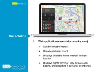 Our solution
               1.   Web application (events.tripconomics.com)

                       Sort by industry/interest
                       Search particular event
                       Displays available hotels nearest to event
                        location
                       Displays flights arriving 1 day before event
                        begins, and departing 1 day after event ends
 