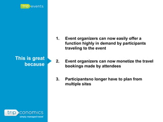 1.   Event organizers can now easily offer a
                     function highly in demand by participants
                     traveling to the event

This is great
                2.   Event organizers can now monetize the travel
    because          bookings made by attendees


                3.   Participantsno longer have to plan from
                     multiple sites
 
