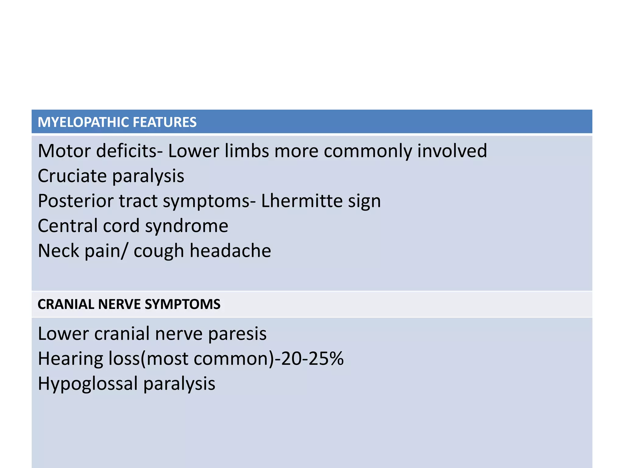 MYELOPATHIC FEATURES
Motor deficits- Lower limbs more commonly involved
Cruciate paralysis
Posterior tract symptoms- Lhermitte sign
Central cord syndrome
Neck pain/ cough headache
CRANIAL NERVE SYMPTOMS
Lower cranial nerve paresis
Hearing loss(most common)-20-25%
Hypoglossal paralysis
 