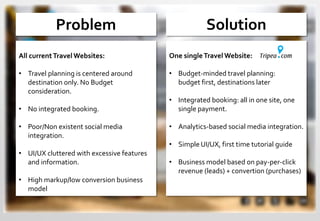 Problem
All currentTravel Websites:
• Travel planning is centered around
destination only. No Budget
consideration.
• No integrated booking.
• Poor/Non existent social media
integration.
• UI/UX cluttered with excessive features
and information.
• High markup/low conversion business
model
Solution
One singleTravel Website:
• Budget-minded travel planning:
budget first, destinations later
• Integrated booking: all in one site, one
single payment.
• Analytics-based social media integration.
• Simple UI/UX, first time tutorial guide
• Business model based on pay-per-click
revenue (leads) + convertion (purchases)
 