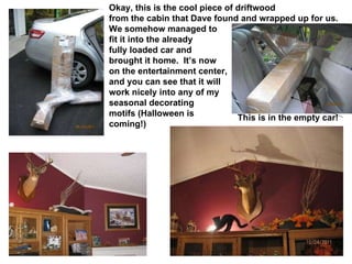 Okay, this is the cool piece of driftwood from the cabin that Dave found and wrapped up for us. We somehow managed to  fit it into the already fully loaded car and  brought it home.  It’s now on the entertainment center, and you can see that it will work nicely into any of my seasonal decorating motifs (Halloween is  coming!)  This is in the empty car! 