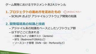 historia Inc.
ゲーム開発におけるマネジメント系2大ジャンル
1. プロジェクトの進め方を定めたもの
– SCRUM および アジャイルソフトウェア開発の知識
2. 開発環境系の知識と技術
– アジャイル系の知識をベースとしたソフトウェア群
– 以下がここに含まれる
• 自動ビルド / 自動テスト（Jenkins）
• BTS（RedmineやJIRAなど）
• ソースコード管理（SVN・Git・Perforceなど）
本日はこちら！
 