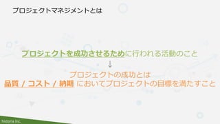 historia Inc.
プロジェクトマネジメントとは
プロジェクトを成功させるために行われる活動のこと
↓
プロジェクトの成功とは
品質 / コスト / 納期 においてプロジェクトの目標を満たすこと
 