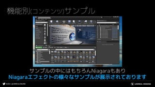 #UE4 | @UNREALENGINE
機能別(コンテンツ)サンプル
サンプルの中にはもちろんNiagaraもあり
Niagaraエフェクトの様々なサンプルが展示されております
 