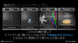 #UE4 | @UNREALENGINE
機能別(コンテンツ)サンプル
これらの4種を通して
エフェクト全く触ったことない方が「Niagaraいいじゃん」
となるように解説させて頂けたらと思います
Base Noise Mesh Texture
 
