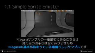 #UE4 | @UNREALENGINE
1.1 Simple Sprite Emitter
Niagaraサンプルの一番最初にあるこちらは
見た目の派手さは全くありませんが
Niagaraの基本が詰まっている素晴らしいサンプルです
 