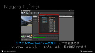 #UE4 | @UNREALENGINE
Niagaraエディタ
システムオーバービューパネル とても重要です
システム エミッター モジュールを一覧で確認できます
 