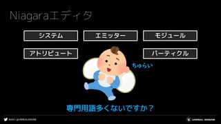 #UE4 | @UNREALENGINE
Niagaraエディタ
専門用語多くないですか？
システム エミッター モジュール
アトリビュート パーティクル
ちゅらい
 