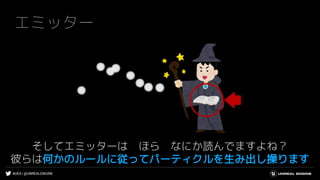 #UE4 | @UNREALENGINE
エミッター
そしてエミッターは ほら なにか読んでますよね？
彼らは何かのルールに従ってパーティクルを生み出し操ります
 