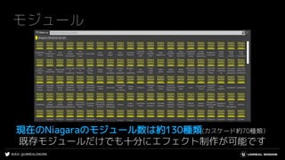 #UE4 | @UNREALENGINE
モジュール
現在のNiagaraのモジュール数は約130種類(カスケード約70種類）
既存モジュールだけでも十分にエフェクト制作が可能です
 