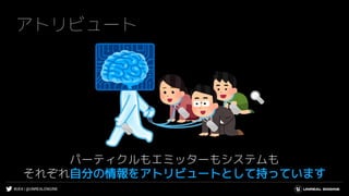 #UE4 | @UNREALENGINE
アトリビュート
パーティクルもエミッターもシステムも
それぞれ自分の情報をアトリビュートとして持っています
 