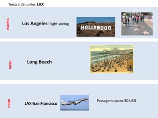 Terca 5 de junho: LAX
manha



           Los Angeles: Sight seeing




              Long Beach
   tarde




                                       Passagem: aprox 50 USD
 noite




            LAX-San Francisco
 