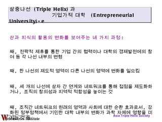 생산과 지식의 활용의 변화를 보여주는 네 가지 과정 : 첫째 ,  전략적 제휴를 통한 기업 간의 협력이나 대학의 경제발전에의 참여 등 각 나선 내부의 변형 둘째 ,  한 나선의 제도적 영역이 다른 나선의 영역에 변화를 일으킴 셋째 ,  세 개의 나선에 삼자 간 연계와 네트워크를 통해 접점을 제도화하거나 ,  조직의 창의성과 지역적 적합성을 높이는 것 넷째 ,  조직간 네트워크의 원래의 영역과 사회에 대한 순환 효과로서 ,  강화된 정부정책에서 기인한 대학 내부의 변화가 과학 자체에 영향을 미치는 것 등 Asia Triple Helix Society 삼중나선  (Triple Helix) 과 기업가적 대학  (Entrepreneurial University)-e 