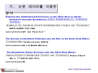 National and International Dimensions of the Triple Helix in Japan:  University-Industry-Government  versus International Co-Authorship Relations  Journal of the American Society for Information Science and Technology  60(4) (2009) 778-788;  Loet Leydesdorff* and Yuan Sun** The Decline of University Patenting and the End of the Bayh-Dole Effect  Scientometrics  (forthcoming); (2010) Loet Leydesdorff a & Martin Meyer b The Knowledge-Based Economy and the Triple Helix Model  Annual Review of Information Science and Technology , Blaise Cronin (Ed.);  44  (2010) 367-417; Loet Leydesdorff Asia Triple Helix Society 가 .  논문 데이터를 이용한 분석 