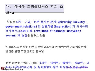 본 학회 는  대학 - 기업 - 정부 삼자간 관계 (university-industry-government relations) 와 상호작용 (interaction) 과 아시아의 국가혁신시스템 진화  (evolution of national innovation system) 에 초점 을 맞추고 있음  지식네트워크 분석을 위한 시멘틱 네트워크 등 광범위한 계량정보분석 방법론 발전 또한 중요한 분야임 이러한 연구를 수행하기 위해  경제학 ,  경영학 ,  행정학 ,  정보학 ,  미디어 커뮤니케이션학 및 정치행정학 등의 다양한 접근을 융합하는 초 학제적 방법을 수행 하고자 함 Asia Triple Helix Society 가 .  아시아 트리플헬릭스 학회 소개 -a 