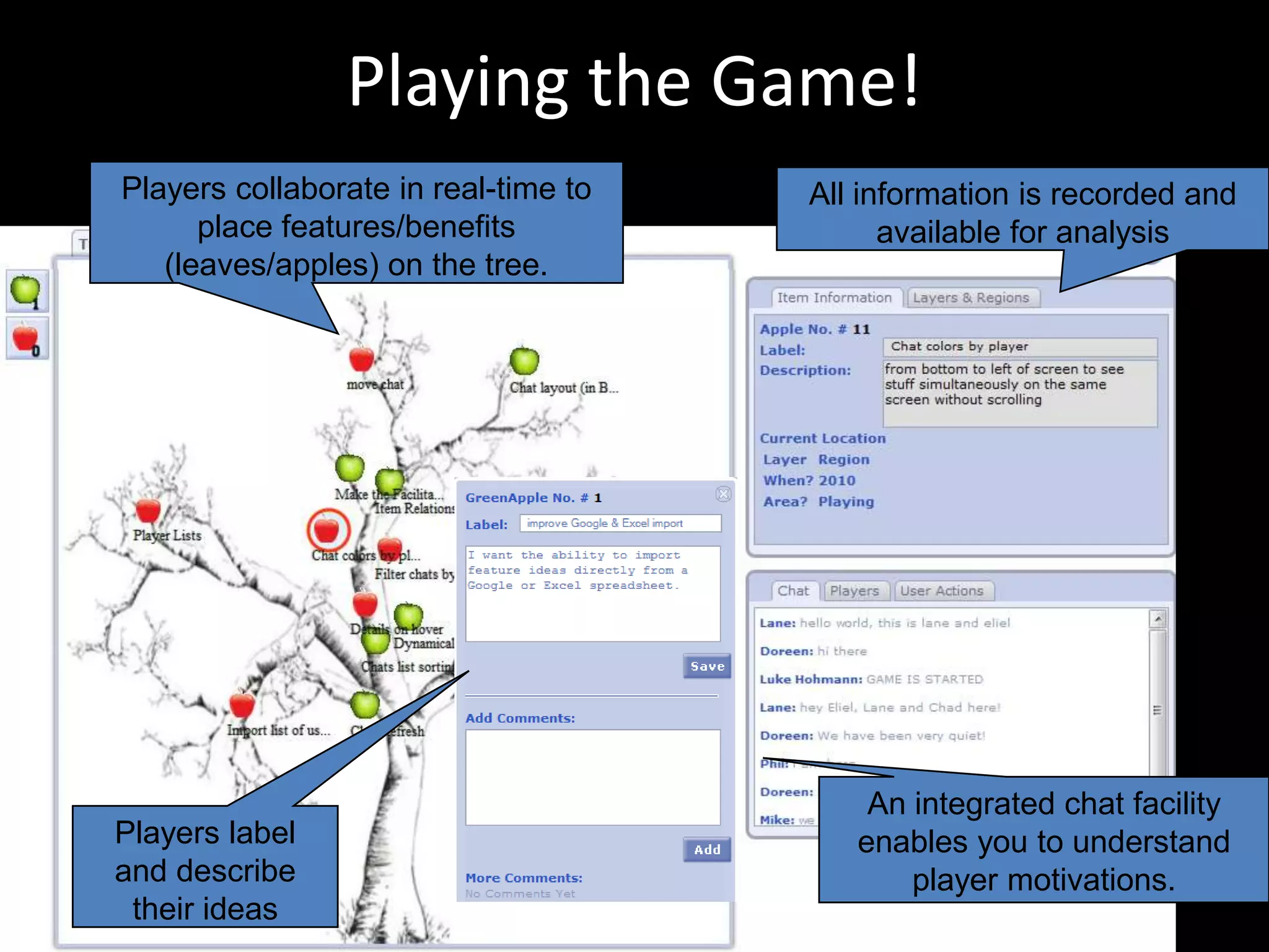 A GAME IN PROGRESSItem  Information:Players fill in a description of the Role & Action when the play is started or changedTrack Team Players / Plays= Total minus # on the fieldPlayer Action DetailPlayers move in 1 + “Roles / Situations”to Aid or Counter HEALTHCHAT  DURING THE GAMEAll PlayerActionscaptured as the game progresses
