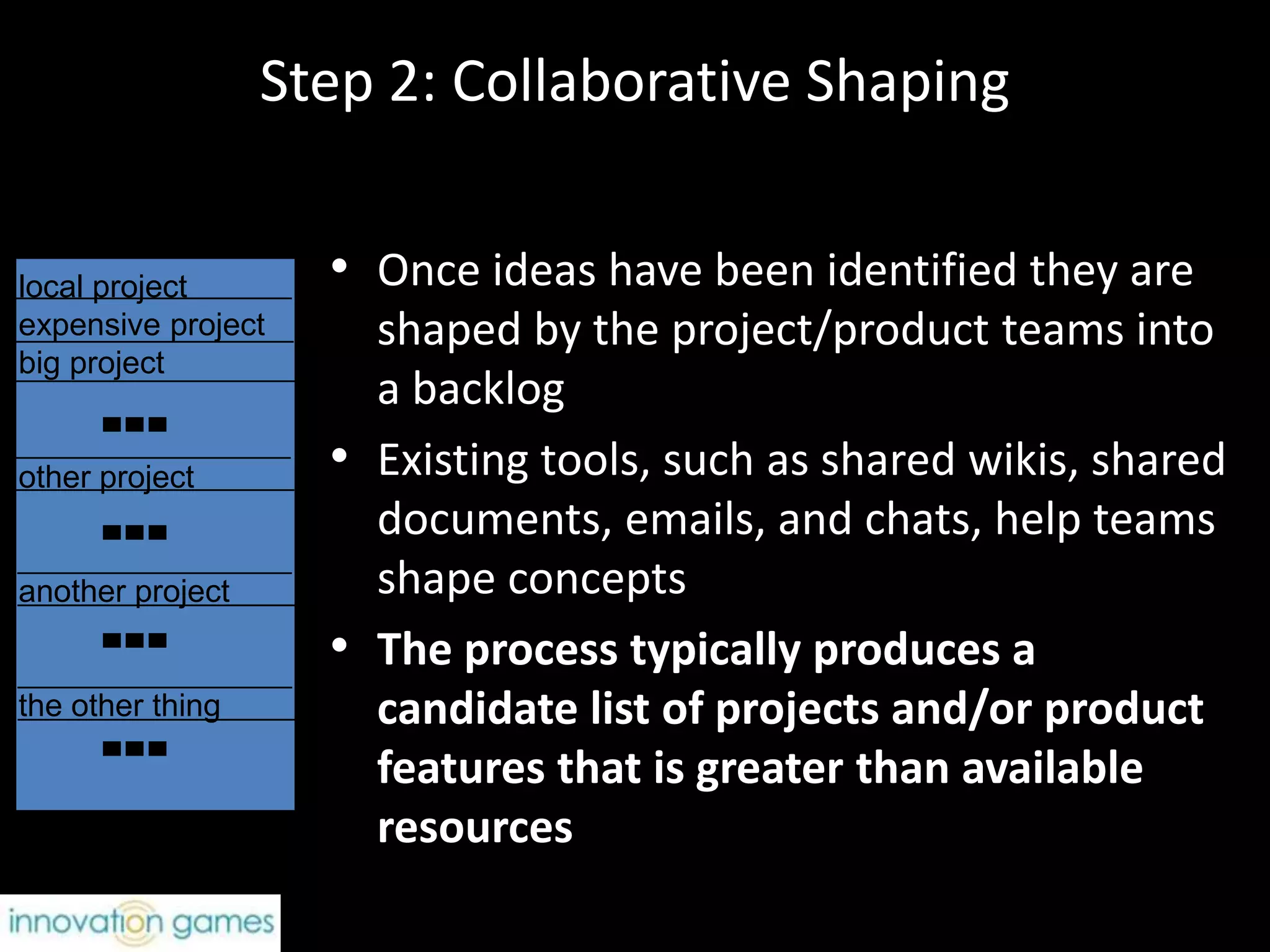 Our 3-Step ProcessIdeationShapingPrioritizingOpen-ended, collaborative innovation. E.g. Prune the Product Tree to collaboratively generate ideas.Collaboration tools (such as wikis and forums) to shape ideas.E.g., Google docsPicking High ROI Projects / Features.E.g. Buy a Feature tournaments to collaboratively prioritize projects and take action. 