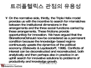 On the normative side, thirdly, the Triple Helix model provides us with the incentive to search for mismatches between the institutional dimensions in the arrangements and the three social functions carried by these arrangements. These frictions provide opportunities for innovation. We have argued that the “transitions” should now be considered as a permanent condition because the knowledge-based regime continuously upsets the dynamics of the political economy (Etzkowitz & Leydesdorff, 1998). Conflicts of interest can be deconstructed and reconstructed, both analytically and then perhaps also in practice in an uphill search for innovative solutions to problems of productivity and knowledge growth. 트리플헬릭스 관점의 유용성 아시아 학연산 연구회  
